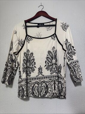 Kashi Boho Embellished Paisley Border Print 3/4 Sleeve Cotton Blouse Top – XL